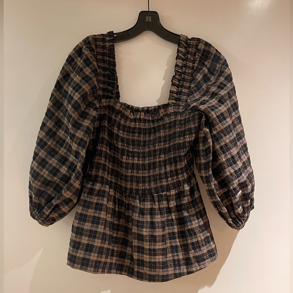 GANNI Checked Seersucker puff-sleeve blouse size EU 40 - Picture 8 of 8